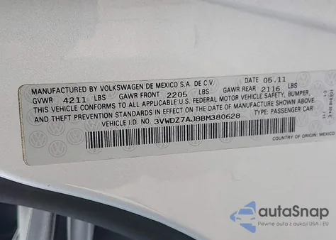 2011 Volkswagen Jetta 2.5L Se z USA, uszkodzony, nr VIN 3VWDZ7AJ8BM380628